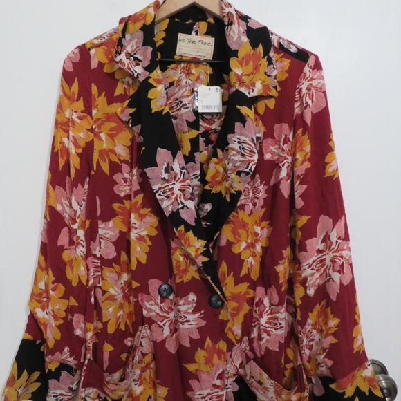 Free People Womens Sz S Cranberry Combo Niya Jacket Duster Floral Long Line - Picture 3 of 6
